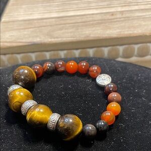 Tiger Eye and Agate Stone Beaded Stretchy Bracelet with Silver Accents SOLD